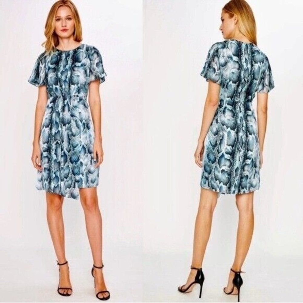 Elie Tahari  Dia Gathered Snake-Print Silk-Satin Mini Dress Turquoise Size 4 - Picture 15 of 15